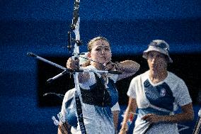 Paris 2024 - Archery - Lisa Barbelin, Amelie Cordeau, and Caroline Lopez Competing