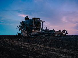 Combine Fire Consumes Wheat Harvest