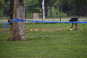 Crime Scene Investigators At Shooting Scene Near New York City Migrant Shelter