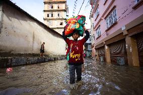 Heavy Rain Flood Houses In Nepal