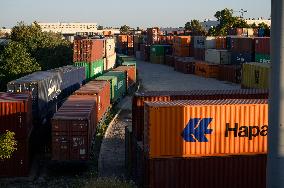 PKP Cargo Freight Trains And Shipping Containers In Warsaw.