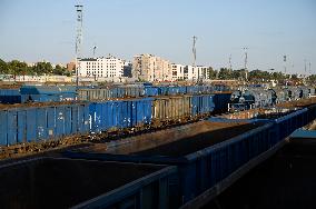 PKP Cargo Freight Trains And Shipping Containers In Warsaw.