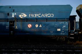 PKP Cargo Freight Trains And Shipping Containers In Warsaw.