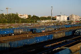 PKP Cargo Freight Trains And Shipping Containers In Warsaw.