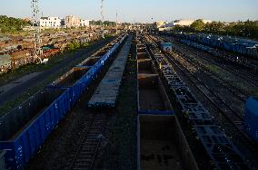 PKP Cargo Freight Trains And Shipping Containers In Warsaw.