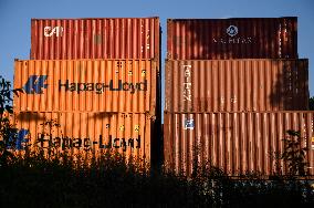 PKP Cargo Freight Trains And Shipping Containers In Warsaw.