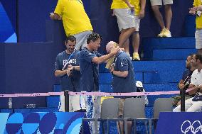 Paris 2024 - French and USA Coaches Of Leon Marchand In The Stands