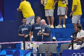 Paris 2024 - French and USA Coaches Of Leon Marchand In The Stands