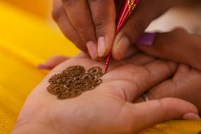 Nepali Hindu Women Apply Mehendi at Kathmandu Fair as Part of Sacred Shrawan Ritual