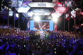 Paris 2024 - Supporters during victory of French riders Men's of Cycling BMX Racing in Final at Club France