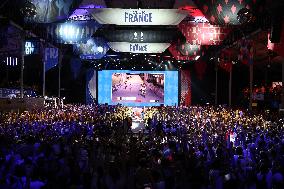 Paris 2024 - Supporters during victory of French riders Men's of Cycling BMX Racing in Final at Club France