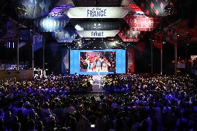 Paris 2024 - Supporters during victory of French riders Men's of Cycling BMX Racing in Final at Club France