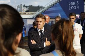 Emmanuel Macron meets volonteers during archery competitions at Invalides