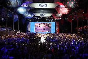 Paris 2024 - Supporters during victory of French riders Men's of Cycling BMX Racing in Final at Club France