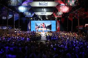 Paris 2024 - Supporters during victory of French riders Men's of Cycling BMX Racing in Final at Club France