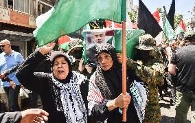 Members of the Palestinian Joint Action Committee Hold Rally and Symbolic Funeral for Late Hamas Leader Ismail Haniyeh In Beirut