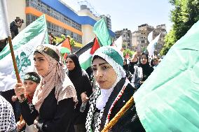 Members of the Palestinian Joint Action Committee Hold Rally and Symbolic Funeral for Late Hamas Leader Ismail Haniyeh In Beirut