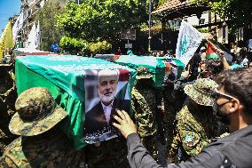 Members of the Palestinian Joint Action Committee Hold Rally and Symbolic Funeral for Late Hamas Leader Ismail Haniyeh In Beirut