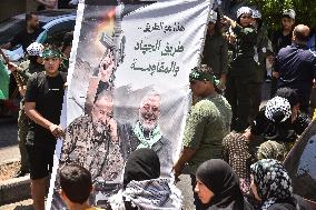 Members of the Palestinian Joint Action Committee Hold Rally and Symbolic Funeral for Late Hamas Leader Ismail Haniyeh In Beirut