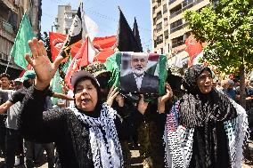 Members of the Palestinian Joint Action Committee Hold Rally and Symbolic Funeral for Late Hamas Leader Ismail Haniyeh In Beirut