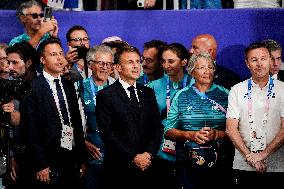 Paris 2024 - Emmanuel Macron At BMX Triple French Medals Podium