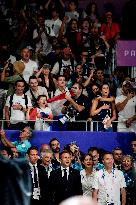 Paris 2024 - Emmanuel Macron At BMX Triple French Medals Podium