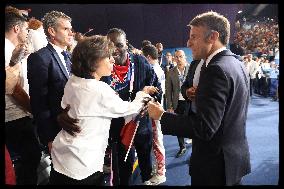 Paris 2024 - President Macron Congratulates Gold Medal Teddy Riner