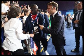 Paris 2024 - President Macron Congratulates Gold Medal Teddy Riner