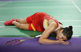 Paris 2024 - Carolina Marin of Spain suffers an injury during badminton women's singles