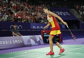 Paris 2024 - Carolina Marin of Spain suffers an injury during badminton women's singles