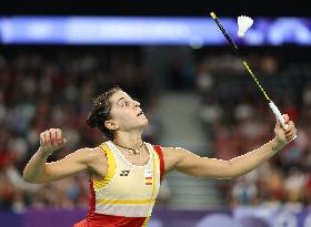 Paris 2024 - Carolina Marin of Spain suffers an injury during badminton women's singles