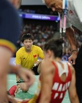 Paris 2024 - Carolina Marin of Spain suffers an injury during badminton women's singles