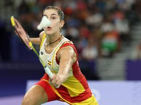 Paris 2024 - Carolina Marin of Spain suffers an injury during badminton women's singles