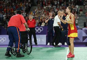 Paris 2024 - Carolina Marin of Spain suffers an injury during badminton women's singles