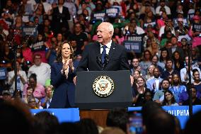 Democratic Presidential Nominee U.S. Vice President Kamala Harris And Running Mate Minnesota Governor Tim Walz At Campaign Rally