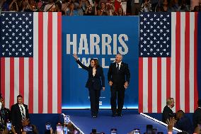 Democratic Presidential Nominee U.S. Vice President Kamala Harris And Running Mate Minnesota Governor Tim Walz At Campaign Rally