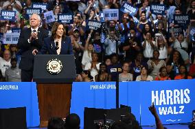 Democratic Presidential Nominee U.S. Vice President Kamala Harris And Running Mate Minnesota Governor Tim Walz At Campaign Rally