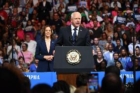 Democratic Presidential Nominee U.S. Vice President Kamala Harris And Running Mate Minnesota Governor Tim Walz At Campaign Rally