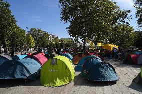 Camp Of Migrants And Homeless Set Up On Place De La Bastille - Paris