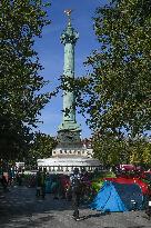 Camp Of Migrants And Homeless Set Up On Place De La Bastille - Paris