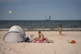 A Jack-up Platform Used For Geological Research At The Construction Site Of A Nuclear Power Plant, Seen From The Beach In Lubiat