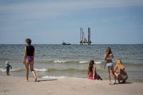 A Jack-up Platform Used For Geological Research At The Construction Site Of A Nuclear Power Plant, Seen From The Beach In Lubiat