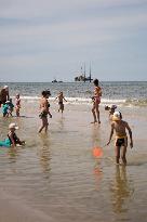 A Jack-up Platform Used For Geological Research At The Construction Site Of A Nuclear Power Plant, Seen From The Beach In Lubiat