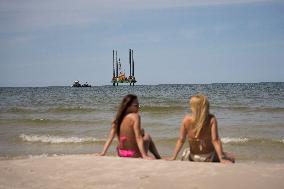 A Jack-up Platform Used For Geological Research At The Construction Site Of A Nuclear Power Plant, Seen From The Beach In Lubiat