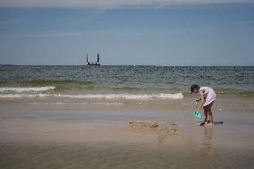 A Jack-up Platform Used For Geological Research At The Construction Site Of A Nuclear Power Plant, Seen From The Beach In Lubiat