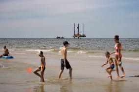 A Jack-up Platform Used For Geological Research At The Construction Site Of A Nuclear Power Plant, Seen From The Beach In Lubiat