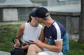 People using smartphones in Kyiv streets