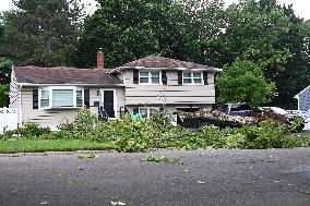 Large Tree Uprooted And Causes Major Damage To Home In Paramus New Jersey During Severe Weather