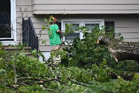 Large Tree Uprooted And Causes Major Damage To Home In Paramus New Jersey During Severe Weather