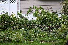 Large Tree Uprooted And Causes Major Damage To Home In Paramus New Jersey During Severe Weather